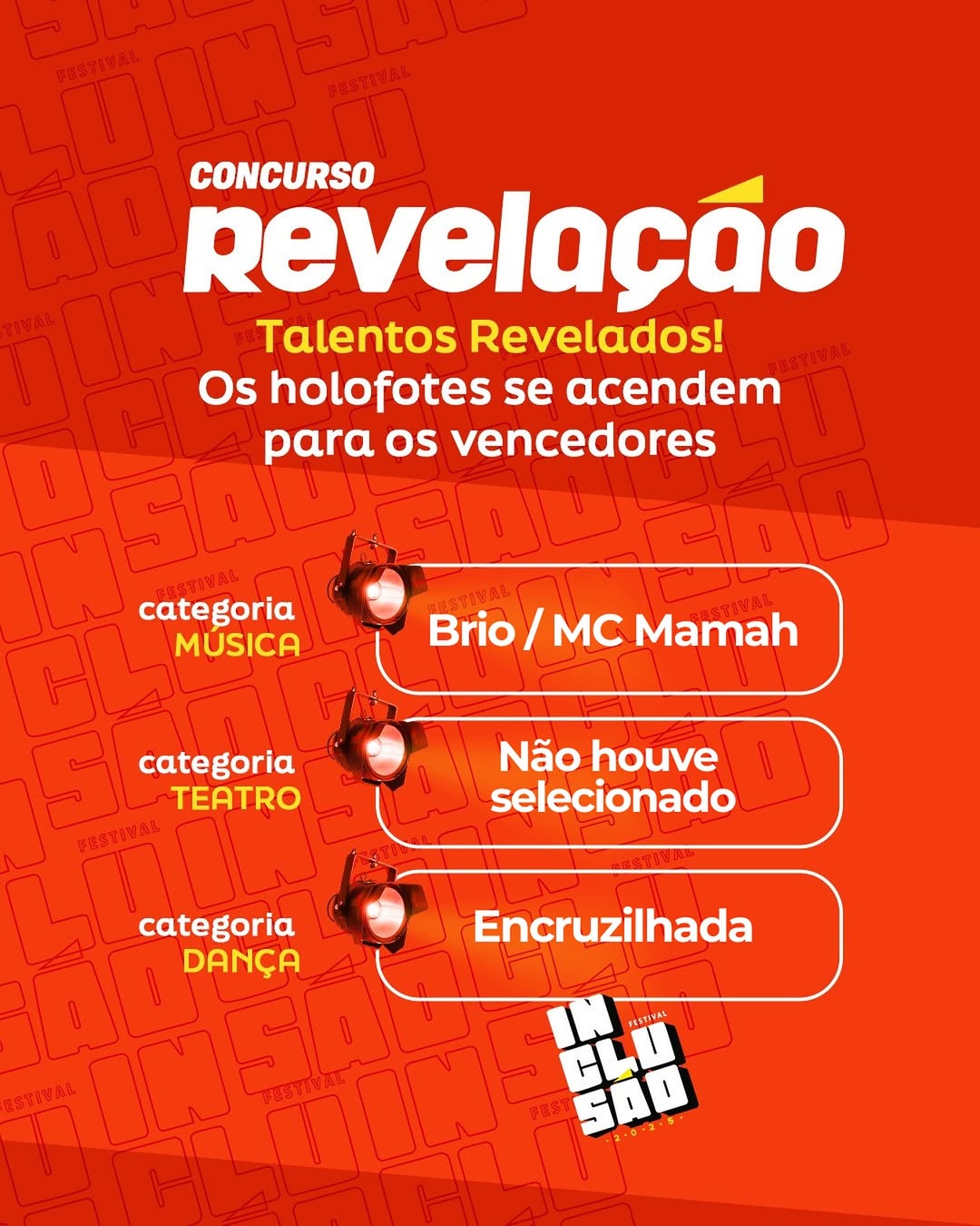 : cartaz de fundo laranja e vermelho. No canto superior direito letras amarelas dizendo: Inscrições, 4 de julho a 4 de agosto de 2025. @feapaesbahiaNo centro, uma mulher negra, em cadeira de rodas, vestido alaranjado longo e esvoaçante, que se expande ao redor dela. Com Cabelos longos e também esvoaçantes, ela olha para a frente, com uma expressão serena e empoderada.À direita, um logotipo em preto, branco e amarelo com o texto: "FESTIVAL INCLUSÃO 2025".Na parte inferior, os dizeres: CONCURSO REVELAÇÃO, Seu Talento Pode Brilhar no Festival Inclusão 2025!O fundo do cartaz é texturizado com a palavra "INCLUSÃO" repetidas vezes.