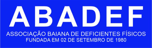 ABADEF – Fundo azul com letras brancas e texto: "ABADEF – Associação Baiana de Deficientes Físicos – Fundada em 2 de setembro de 1980".